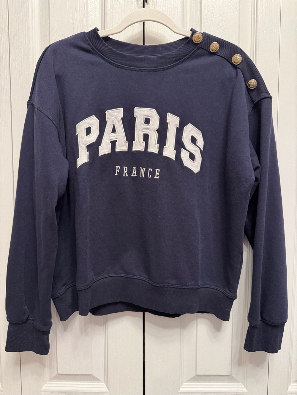 H&M Navy Pullover Sweatshirt with Paris Applique and Gold Buttons